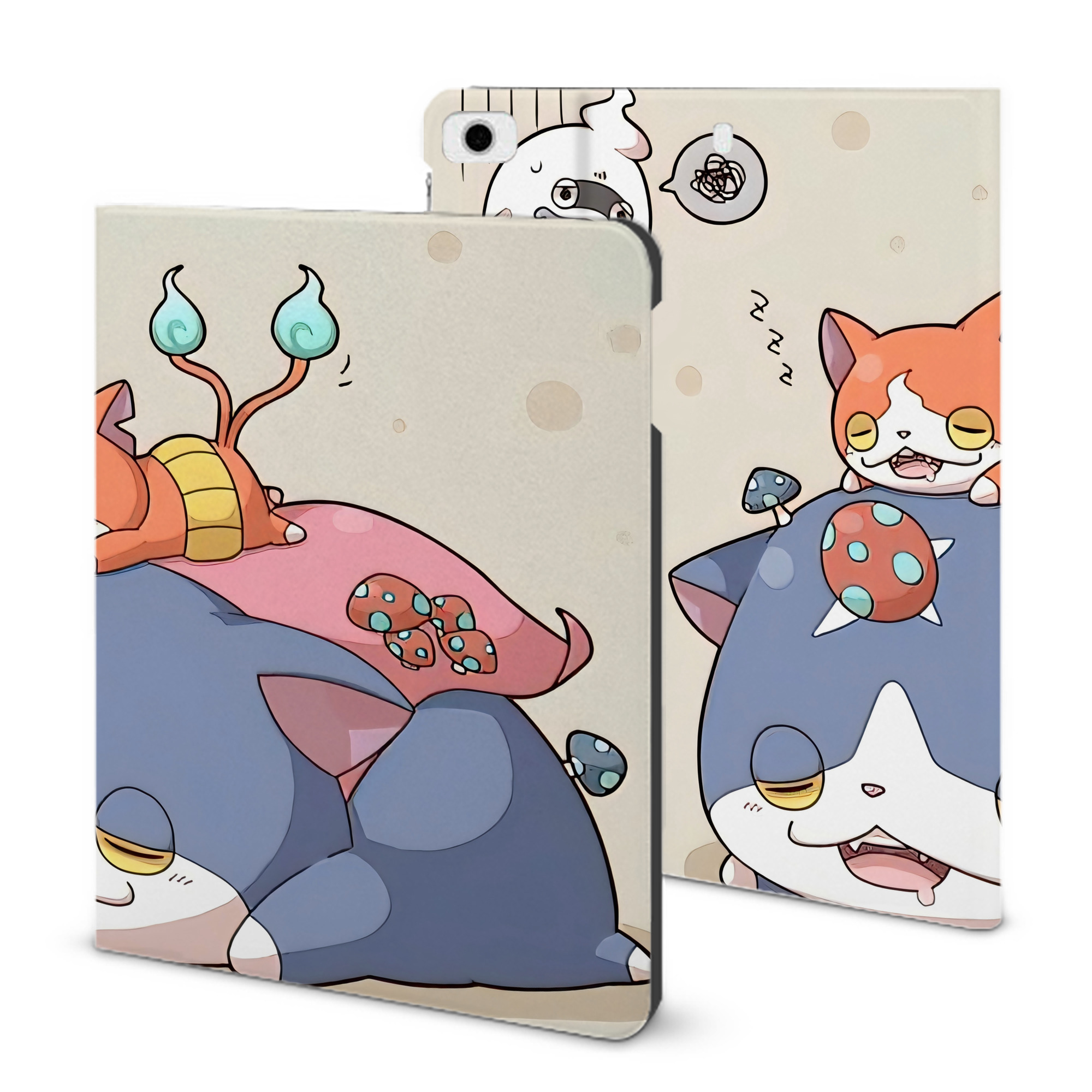 （画像用） 妖怪ウォッチ Yo-kai Watch IPad ケース ブック型 PUレザー TPU 耐衝撃 軽量 薄型 ペン収納なし 全面保護 IPad 各モデル対応